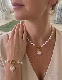 Collana, Bracciale, Orecchini Perle e Cuori Strass