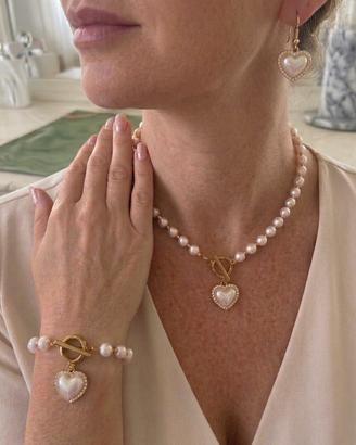 Collana, Bracciale, Orecchini Perle e Cuori Strass