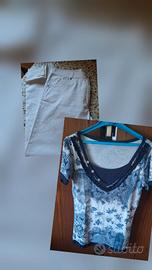 Completo pantaloni bianchi e maglietta blu e bian 