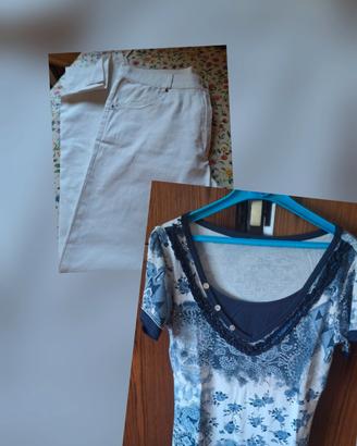 Completo pantaloni bianchi e maglietta blu e bian 