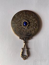 Antico specchio da borsetta in argento