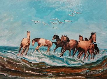 Quadro olio cavalli, Pittore Pietro Dell'Aversana 