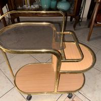 Carrello portaoggetti in ottone, vetro e legno