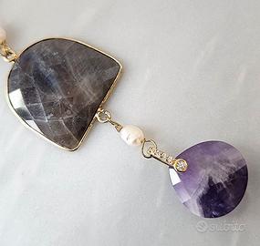 Collana in argento 925, perle, zaffiro, ametista