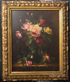 Dipinto olio su tavola “Vasi con rose “