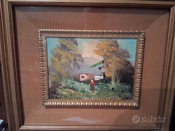 Quadro olio su tela contadina nel bosco
