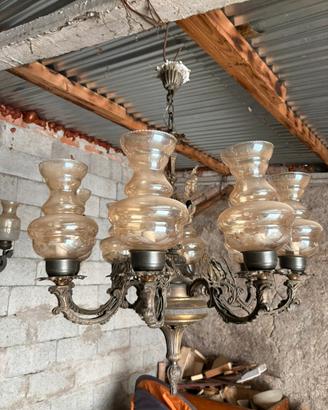 : Magnifico Lampadario Antico ottone e vetro
