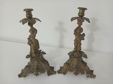 Antica Coppia Candelieri Bronzo Figurali Fine 1800