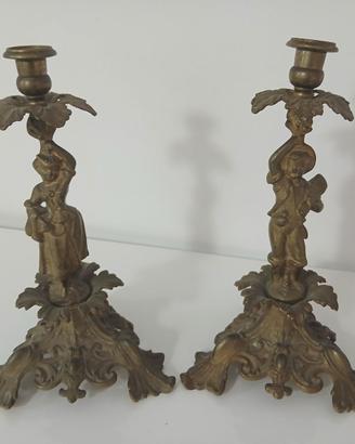 Antica Coppia Candelieri Bronzo Figurali Fine 1800