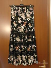 Gonna lunga, stampa fiori con inserti in pizzo,