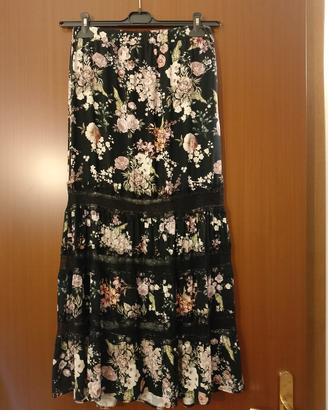 Gonna lunga, stampa fiori con inserti in pizzo,