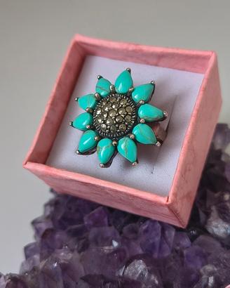 Anello vintage fiore di turchese 