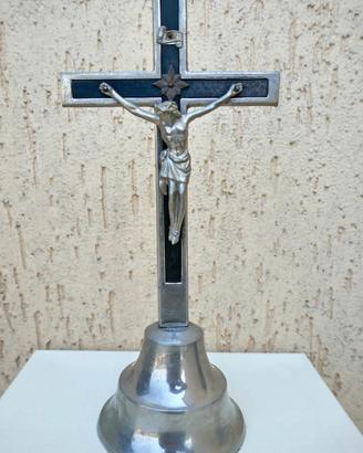 Antico Crocifisso da Tavolo Metallo Argent.+legno