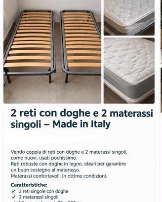 2 materassi 80x190 + 2 reti a doghe Made in Italy