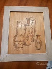 Quadretto legno pirografato con bottiglie