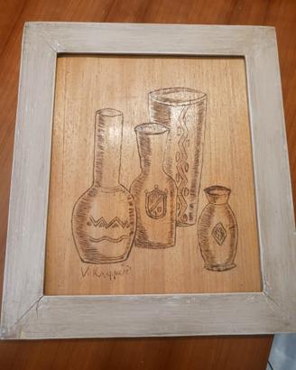 Quadretto legno pirografato con bottiglie