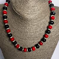 Collana Anni 50/60-Perle Vetro Rosso/Nero e Strass