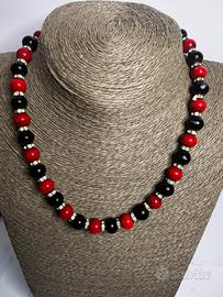Collana Anni 50/60-Perle Vetro Rosso/Nero e Strass