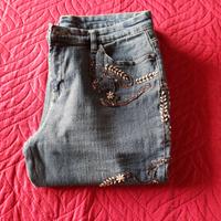 Jeans Donna Blu Tg.48 con strass in cotone.