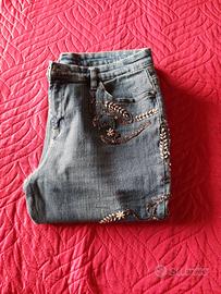 Jeans Donna Blu Tg.48 con strass in cotone.