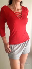 T-Shirt manica 3/4 rossa con schiena intrecciata 