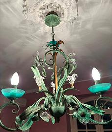 Lampadario verde in ferro battuto