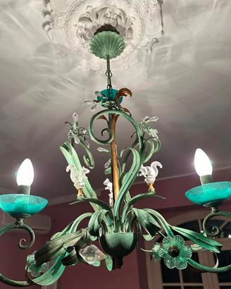 Lampadario verde in ferro battuto