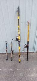 4 canne da pesca, 2 mulinelli e molti accessori