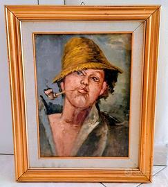 Quadro antico ragazzo con pipa dipinto a olio.