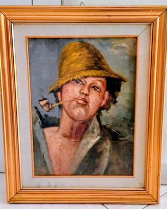 Quadro antico ragazzo con pipa dipinto a olio.