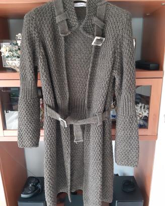 Cardigan donna lungo marrone con cintura taglia L