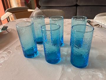 Servizio 6 Bicchieri Vintage Vetro Sfumato Azzurro