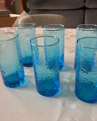 Servizio 6 Bicchieri Vintage Vetro Sfumato Azzurro