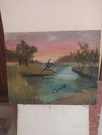 Quadro olio su tela paesaggio fiume al tramonto