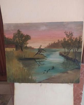 Quadro olio su tela paesaggio fiume al tramonto