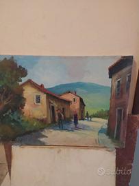 Quadro olio su tela paesaggio borgo antico