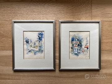Coppia di Acquarelli del Mercatino di Montmartre