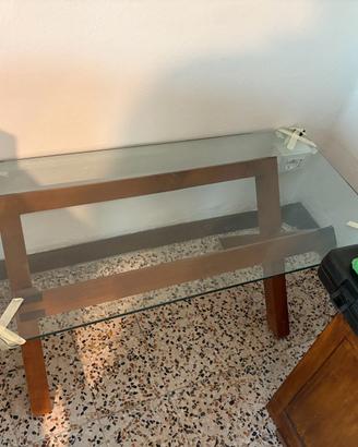 tavolo legno con piano di vetro