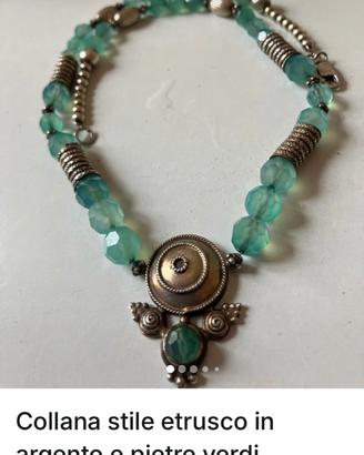 Collana stile etrusco con pietra verde e argento