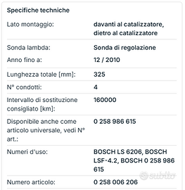 Sonda lambda regolazione ossigeno BOSCH 0258006206