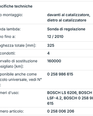 Sonda lambda regolazione ossigeno BOSCH 0258006206