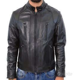 Giacca Uomo Vera Pelle Nero Slim Giubbino Classico