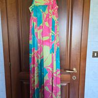vestito lungo verde e fucsia effetto seta