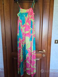 vestito lungo verde e fucsia effetto seta