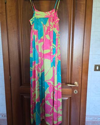 vestito lungo verde e fucsia effetto seta