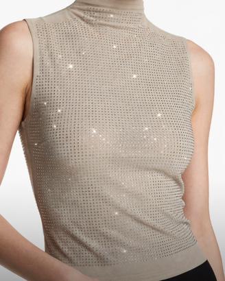 Top beige strass brillantini collo alto smanicato
