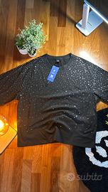 Rowe T-shirt nera oversize con diamanti | S