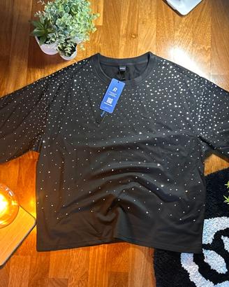 Rowe T-shirt nera oversize con diamanti | S