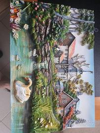 Quadro 3D in rilievo vintage – Paesaggio con cigni