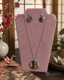 set orecchini e collana carta e legno giapponese 